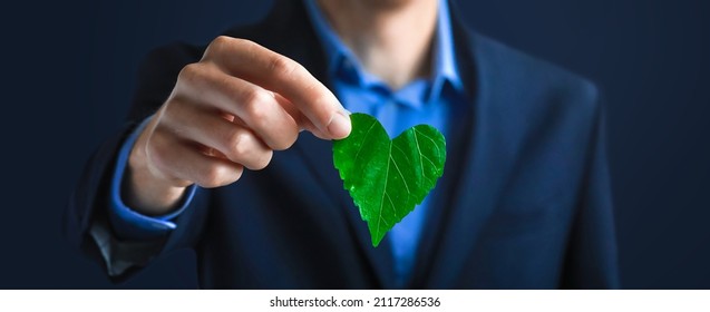 Businessman Holding A Green Heart Leaf  Business With Corporate Social Responsibility And Environmental Concern
