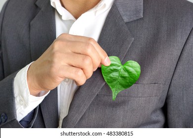 Businessman Holding A Green Heart Leaf / Business With Corporate Social Responsibility And Environmental Concern                               