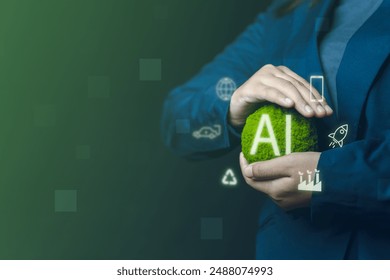 Businessman Holding a Green Simulated Globe Displaying Symbols of AI and Green Technology How AI Technology Enhances Sustainable Development and Environmentally Friendly Innovations