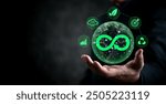 Businessman holding a green sustainability icon representing circular economy, eco-friendliness, and corporate responsibility. Ideal for ESG reports, green energy promotions