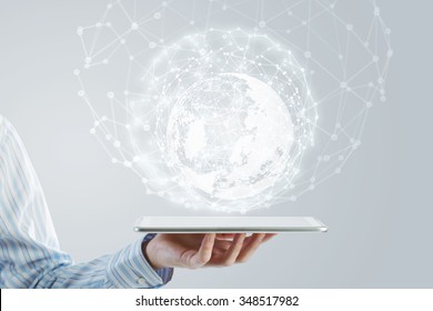 Businessman Holding In Hand Tablet With Global Connection Concept