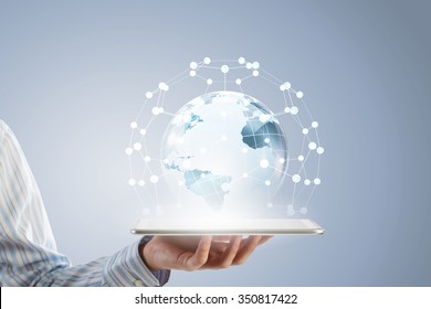 Businessman Holding In Hand Tablet With Global Connection Concept