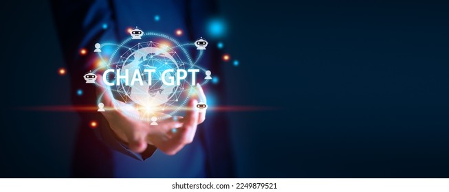 Businessman holding hologram Chat GPT virtual icon on smartphone intelligence Ai, Chat GPT Chat with AI Artificial Intelligence, Futuristic technology, robot in online system. - Shutterstock ID 2249879521