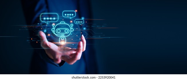 Businessman holding hologram digital chatbot, chat GPT, robot application, conversation assistant, AI Artificial Intelligence concept, digital chatbot on virtual screen. - Shutterstock ID 2253920041
