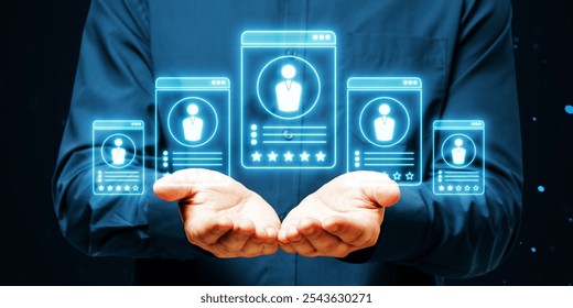 Businessman holding holographic user profiles in a neon blue interface over a dark background. Concept of HR, digital profiles, networking