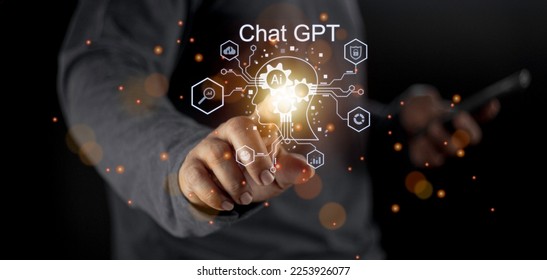 Businessman holding light icon GPT intelligence Ai.Chat GPT Chat with AI Artificial Intelligence, chat generate. Futuristic technology, robot in online system. - Shutterstock ID 2253926077
