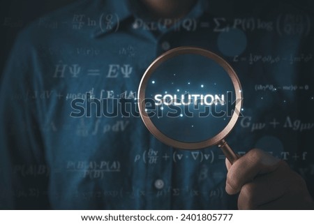 Businessman holding magnifier to find out solution for complex equation for problem solving and business strategy solution concept.