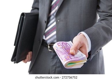 Businessman Holding Many Euros Banknotes