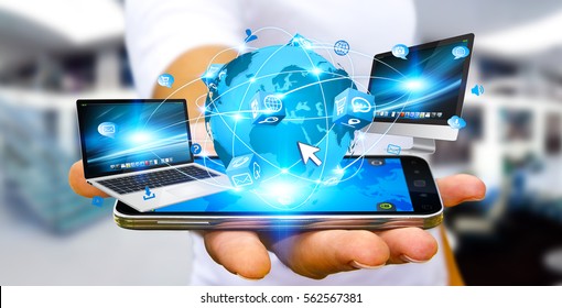 Businessman holding multimedia tech devices in his hand 3D rendering