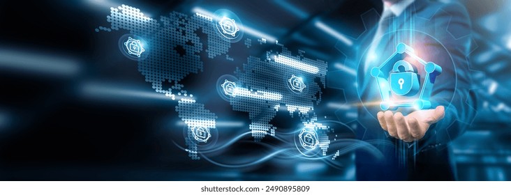 Businessman holding network security connection on digital networking and cybersecurity, Business strategy and risk management, data protection, Technology and global connectivity. - Powered by Shutterstock