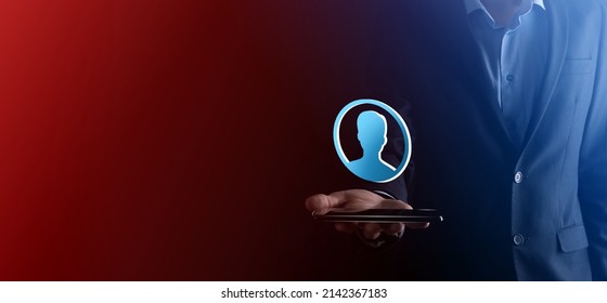Businessman holding on hand icon of user man,woman 3D style. Internet icons interface foreground. global network media concept - Shutterstock ID 2142367183