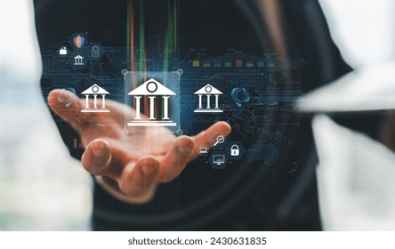 Businessman holding online banking digital technology, mobile banking, shopping, payment, finance, bank, withdraw money, account, transfer, credit card, financial, global business online