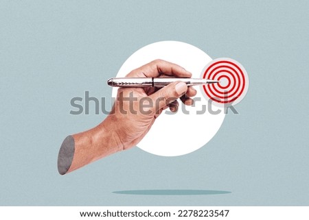 Businessman holding a pen at the target - business targeting, aiming, focus concept. Art collage.