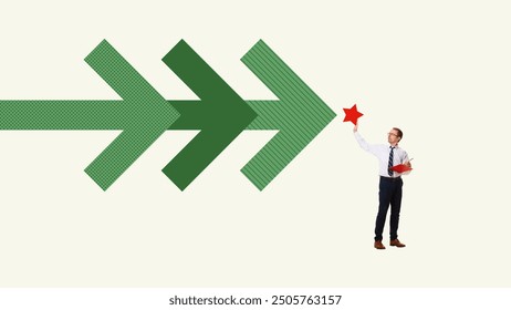 Businessman, holding red folder, placing red star at series of green arrows in image of Christmas tree pointing forward. Progress and achievement. Contemporary art collage. Concept of business. - Powered by Shutterstock