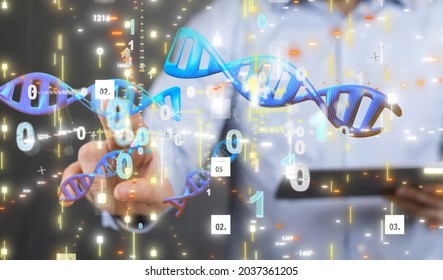 A businessman holding a render of DNA sequences and binary code