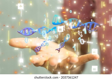 A businessman holding a render of DNA sequences and binary code