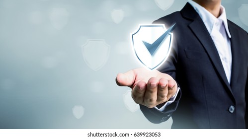 Businessman Holding Shield Protect Icon, Concept Cyber Security Safe Your Data