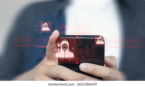Businessman holding smartphone with hacker alert, malware attack, and cybersecurity warning icons, representing mobile security threats and cyber risks.