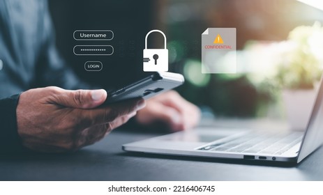 Businessman holding smartphone in hand to enter system, confidential document protection concept, business data file security, privacy folder, business-critical data lock, Document Management System