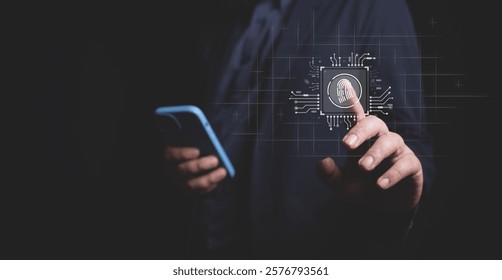 A businessman holding a smartphone and interacting with a futuristic fingerprint authentication interface. Ideal for concepts of cybersecurity, technology, and biometrics. - Powered by Shutterstock - Get 15% off with code: PIKWIZARD15