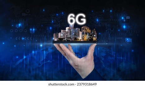 Businessman holding smartphone with map point Global network connection 6G.concept Networking technologies and social interaction. 6G network digital and internet of everythings on city background. - Powered by Shutterstock