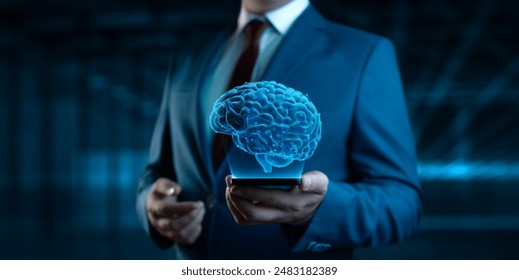 Businessman Holding Smartphone Phone with Human Brain Hologram - Futuristic Concept of Intelligence, science and mind
