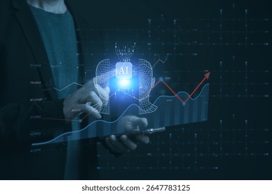 Businessman holding smartphone working analysing data chart and Ai bot tech in concept of Ai technology transformation global communication network