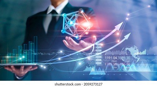 Businessman holding symbol network connection and graph growth of business, Economy and finance on global business, Social media and communication networking.  - Shutterstock ID 2059273127