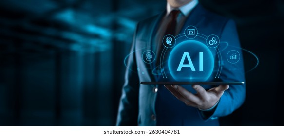 Hombre de negocios que sostiene la tableta con los iconos artificiales de la inteligencia artificial en la pantalla