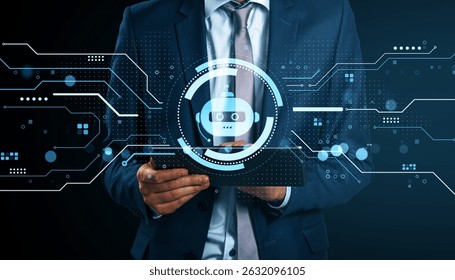 Businessman holding tablet with chatbot icon and futuristic digital interface, glowing lines and dots, on dark background, concept of AI technology - Powered by Shutterstock - Get 15% off with code: PIKWIZARD15