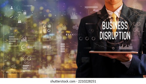 Businessman Holding A Tablet Computer Business Disruption Icon Graph Abstract Backgrounds With Bokeh.