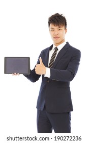 Businessman Holding A Tablet Or Ipad And Thumb Up