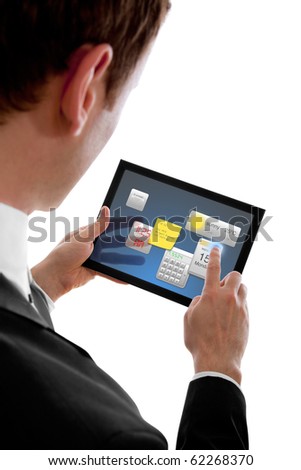 businessman holding a touchpad pc, using little programmes, isolated on white