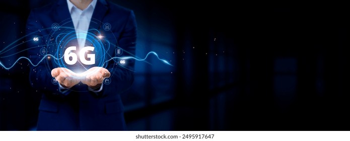 Businessman Holding Virtual 6G Network Connection Icons. Next-Gen Connectivity, Ultra-Fast Speeds, Seamless Internet Business and Social Network Integration - Powered by Shutterstock