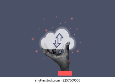 Businessman holding virtual cloud computing on hand. concept of system for sharing download and upload big data information