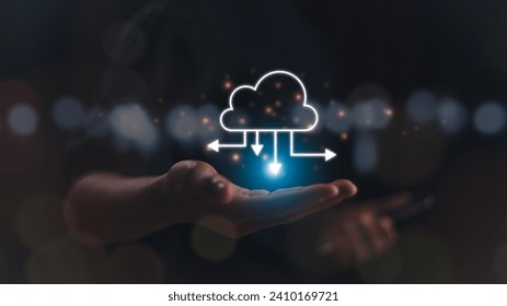 Businessman holding virtual cloud computing to transfer data information and upload download applications. Technology transformation concept.