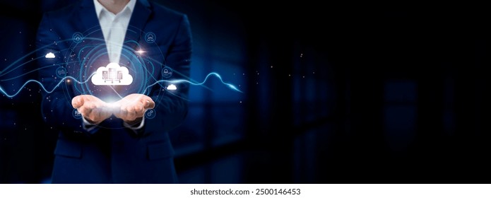 Businessman holding virtual Cloud Computing network connection icons. Data Storage, Scalability, Accessibility. Internet business and social network."