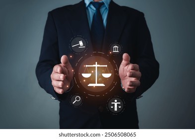 Businessman holding virtual global law icons on for business legal advice, Labor law, Lawyer, Attorney at law, Legal advice business concept, Lawyer icon, Lawyer man, Lawyer background. - Powered by Shutterstock