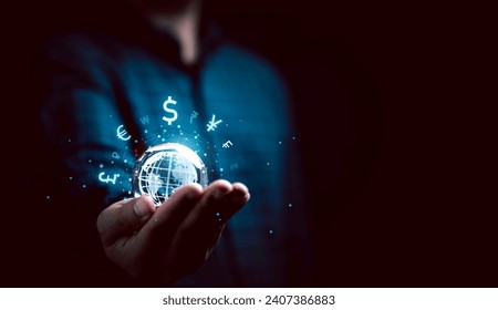 Businessman holding virtual glowing world with currency symbol include dollar yuan yen euro pound sterling won and ruble for global forex exchange and money trade transfers concept. - Powered by Shutterstock - Get 15% off with code: PIKWIZARD15
