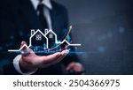 Businessman holding virtual graph showing real estate market growth. Perfect for financial, real estate, and investment presentations. Property market analysis concept.