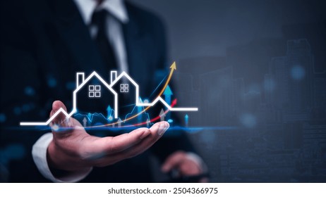 Businessman holding virtual graph showing real estate market growth. Perfect for financial, real estate, and investment presentations. Property market analysis concept. - Powered by Shutterstock