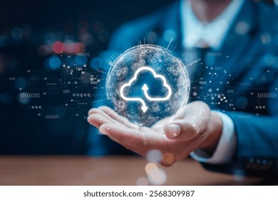 Businessman holding the virtual reality of the earth, with cloud icon, Concepts of global data processing, backup, and synchronization on cloud. Connect with high-speed technology networks. big data. - Powered by Shutterstock - Get 15% off with code: PIKWIZARD15