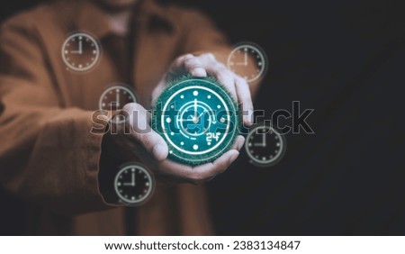 Businessman holding a watch Concept of service 24 hours a day, all week, product inspection The inspection is on time. punctuality People have 24 hours to work.