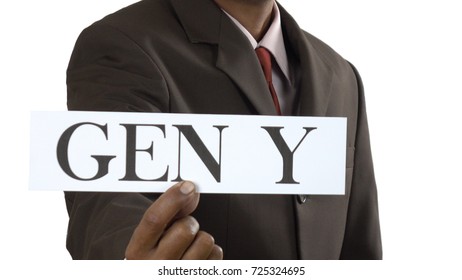 Businessman Holding White Card With Gen Y Sign Isolated On White Background