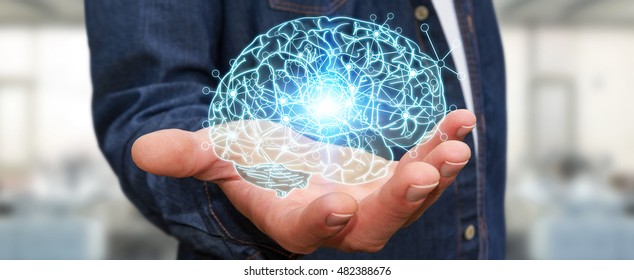 Businessman Holding X-ray Human Brain In His Hand With Cell And Neurons Activity 3D Rendering