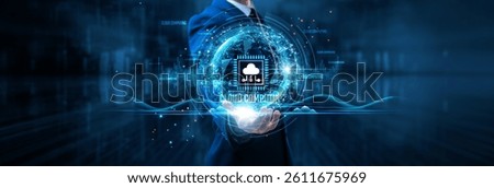 Businessman holds cloud computing on global structure network and data storage, scalability, virtualization, and remote access.