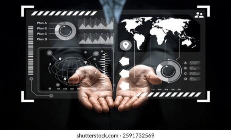 A businessman holds a digital interface featuring a world map, charts, and graphs to emphasize data analysis and strategic planning in a corporate environment.