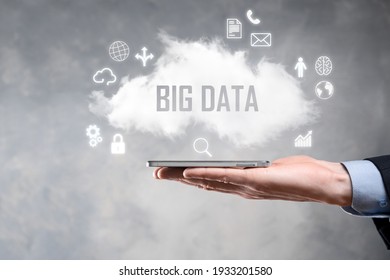 Businessman Holds The Inscription BIG DATA. Padlock , Brain ,man, Planet,graph, Magnifier, Gears, Cloud Grid Document Letter Phone Icon