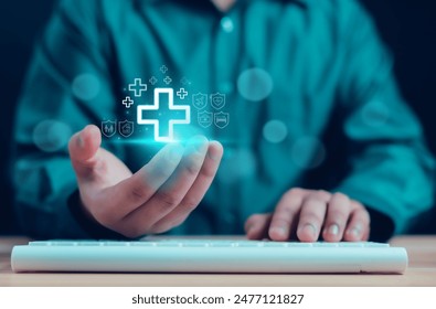 Businessman holds medical network connection icon health, medical, insurance, healthcare, care, concept. Medical technology services to solve public health problems medical business digital and health - Powered by Shutterstock