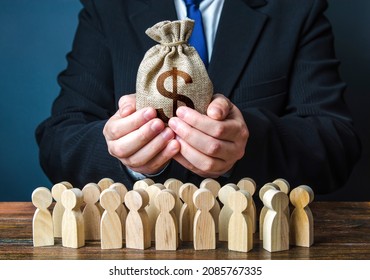 Businessman holds out a dollar money bag to the crowd. Official. Providing money, paying salaries and grants. Staff maintenance. Financial support. Tax collection. Compensation payments. Share profit.